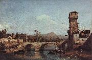 Bernardo Bellotto Capriccio Veneto, Flub, Brucke und mittelalterliches Stadttor Spain oil painting artist